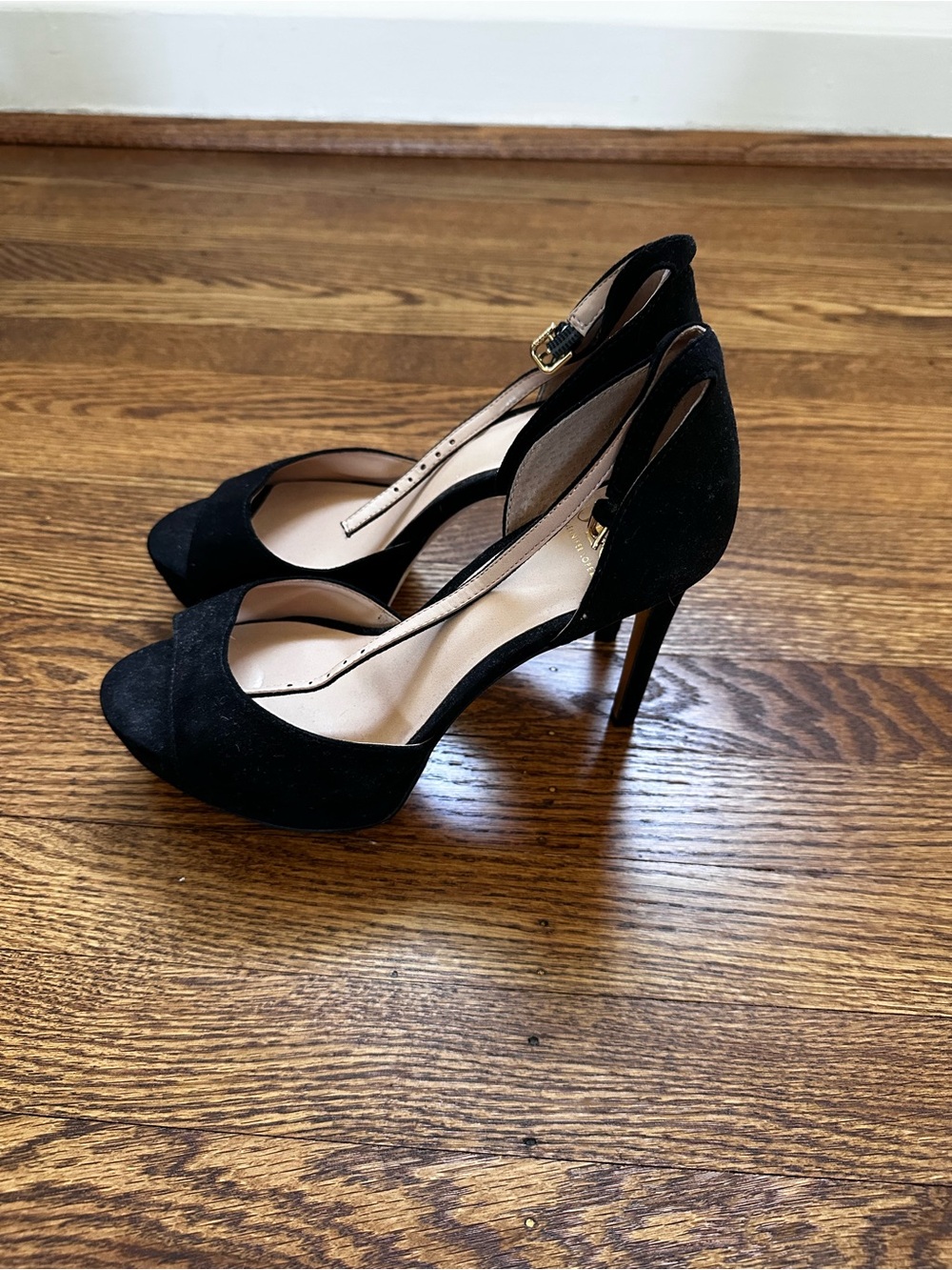 Jennifer Lopez Black Suede Peep Toe Ankle Strap Stilettos